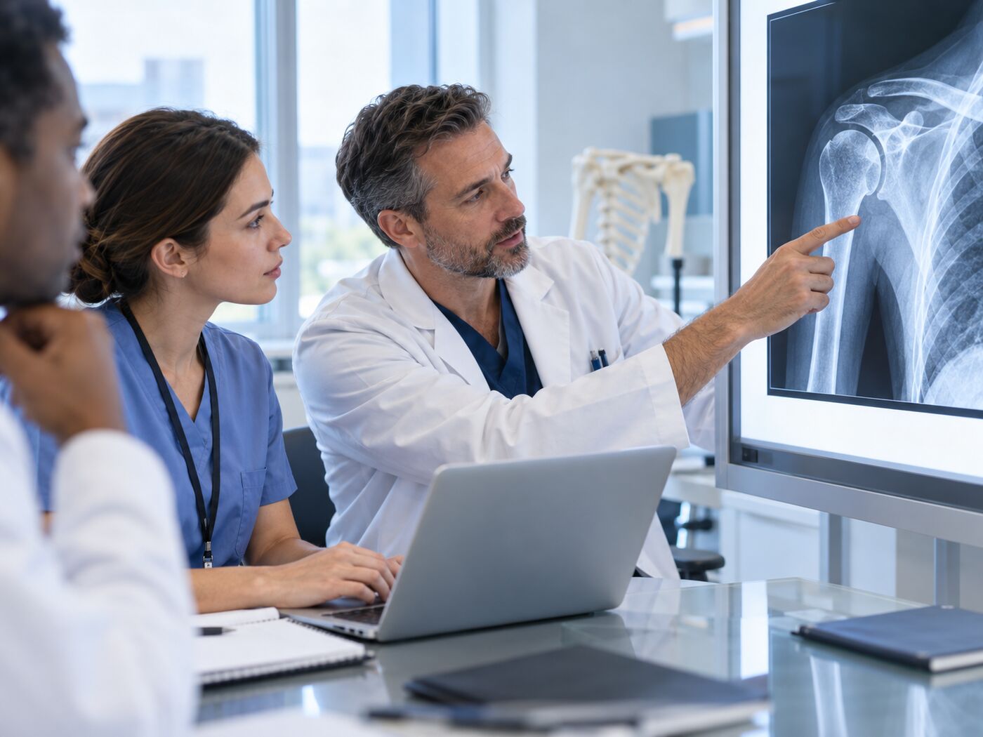 Un chirurgien orthopédiste explique une radiographie de l'épaule à son équipe