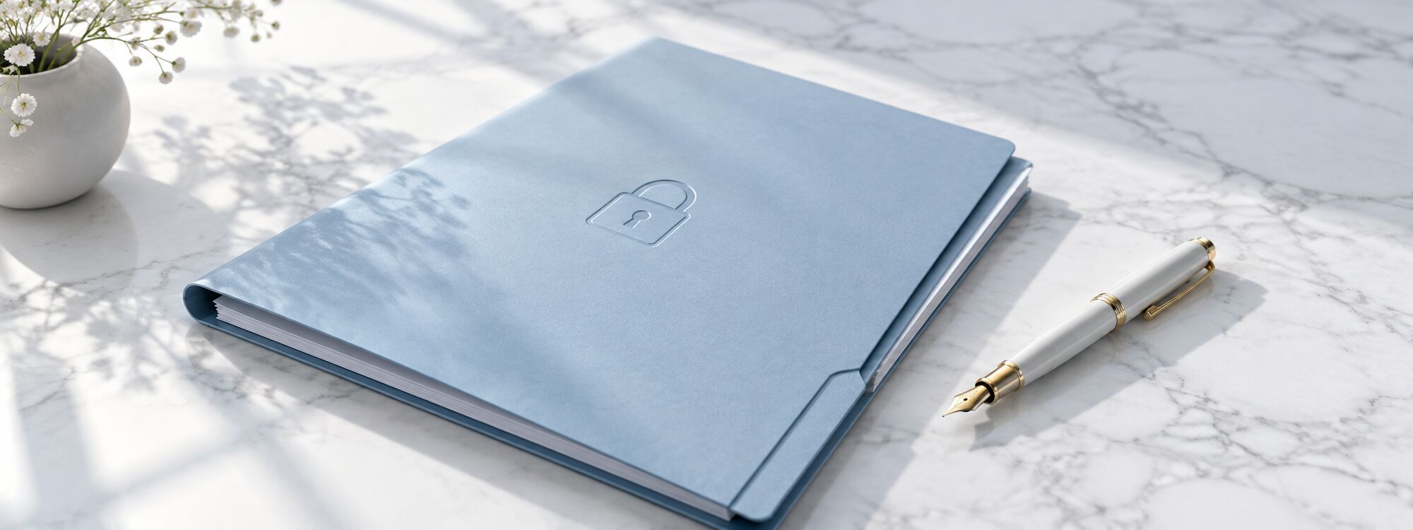 Dossier confidentiel bleu et stylo plume